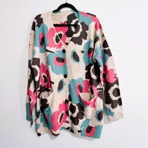Women's Long Floral Knit Cardigan Medium Retro Button Front Pockets Sweater Cozy
